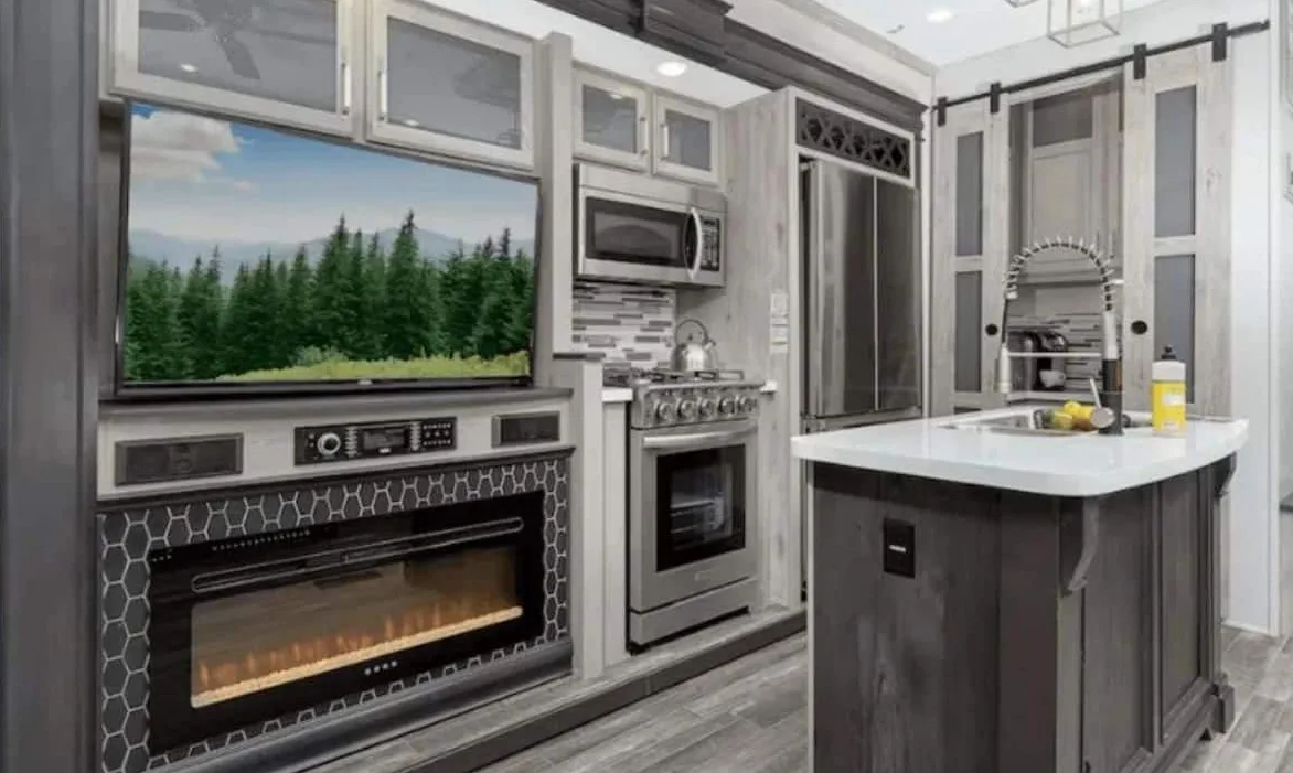 The interior kitchen and living area of an RV serviced in Indian River Shores, Florida