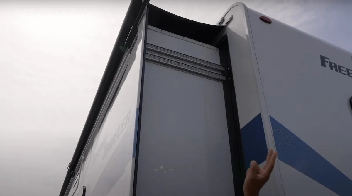 The exterior slideout section of a travel trailer in Wabasso, Florida